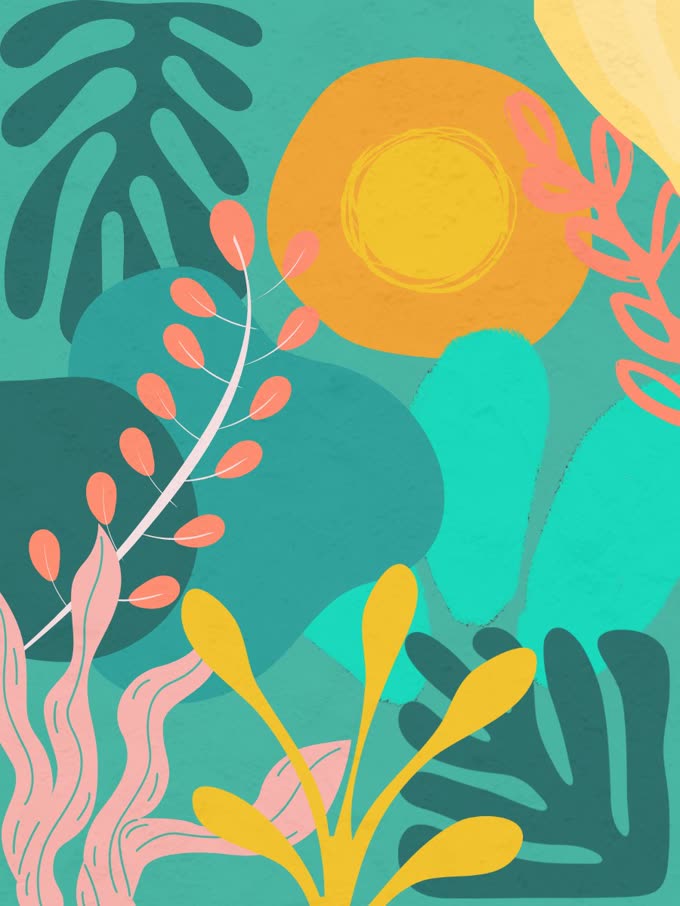 Wall covering study 9, cut paper botanicals in the Desert Sunset palette