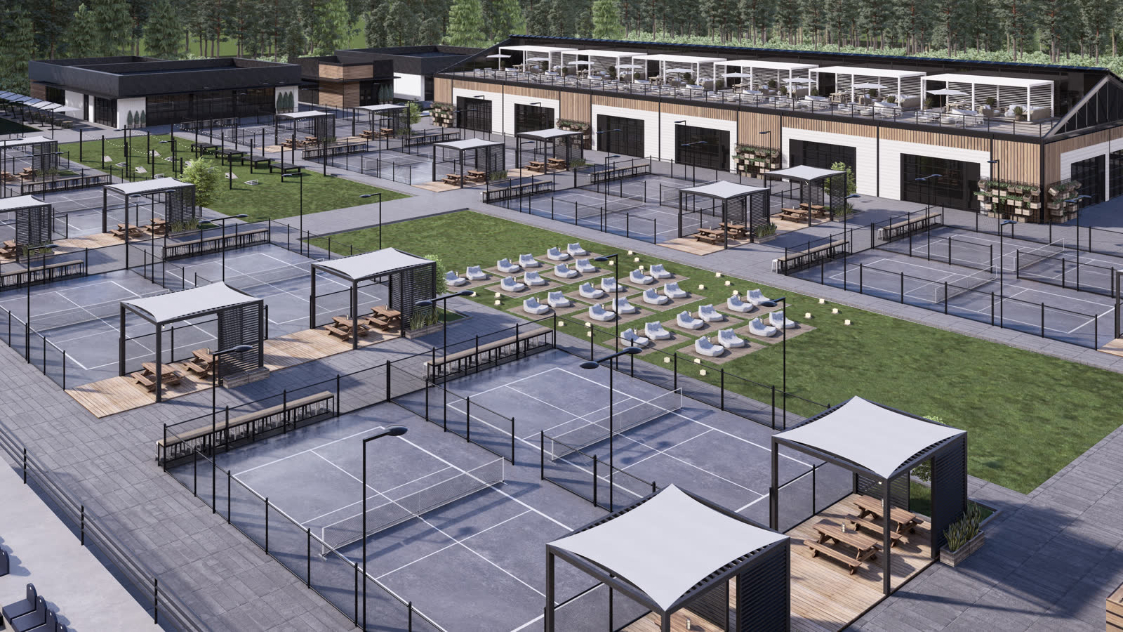 An aerial of the club, looking along the run of outdoor courts toward the food hall and its rooftop terrace