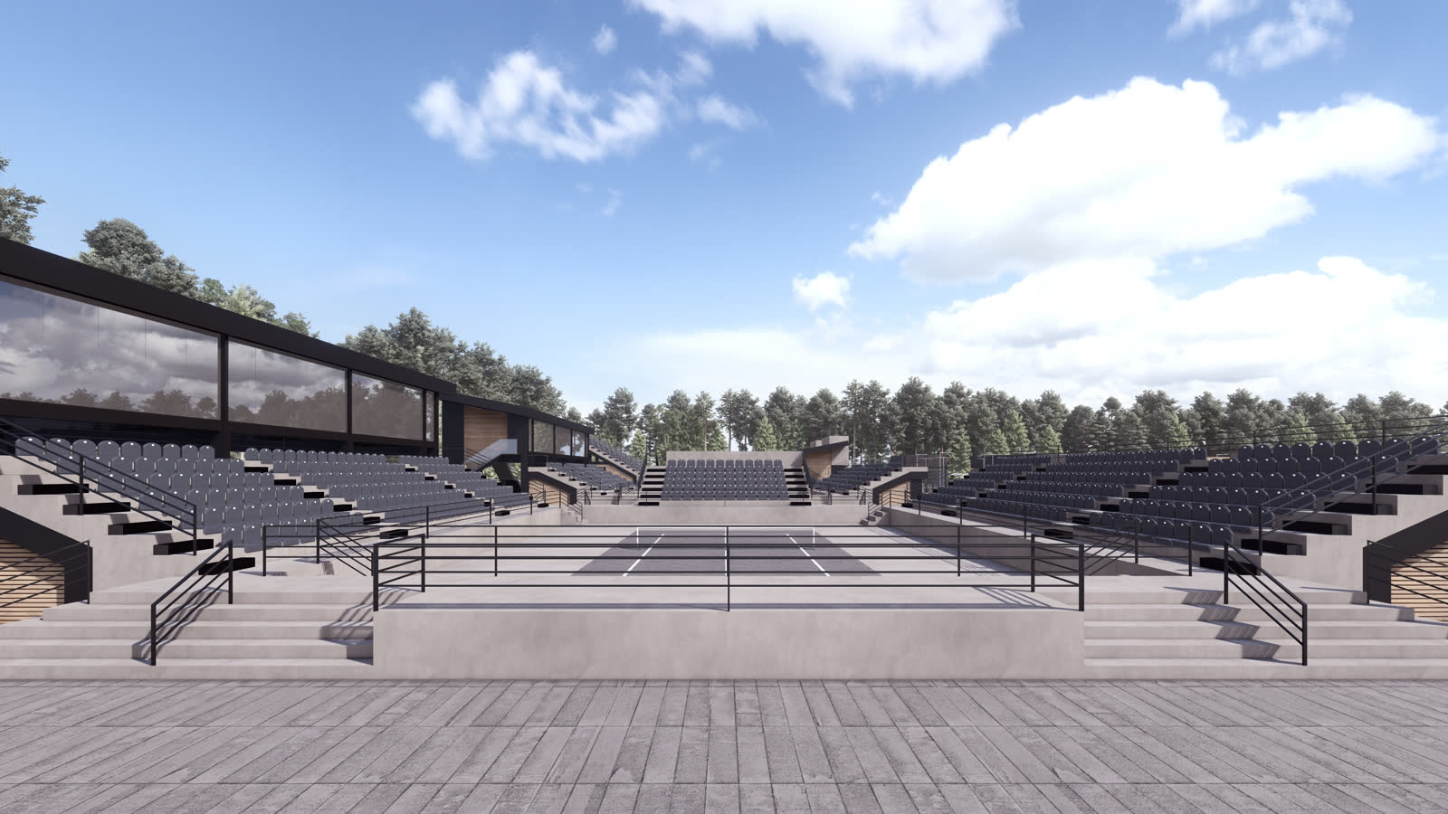 The box seating over the stadium court, black rails, the court below