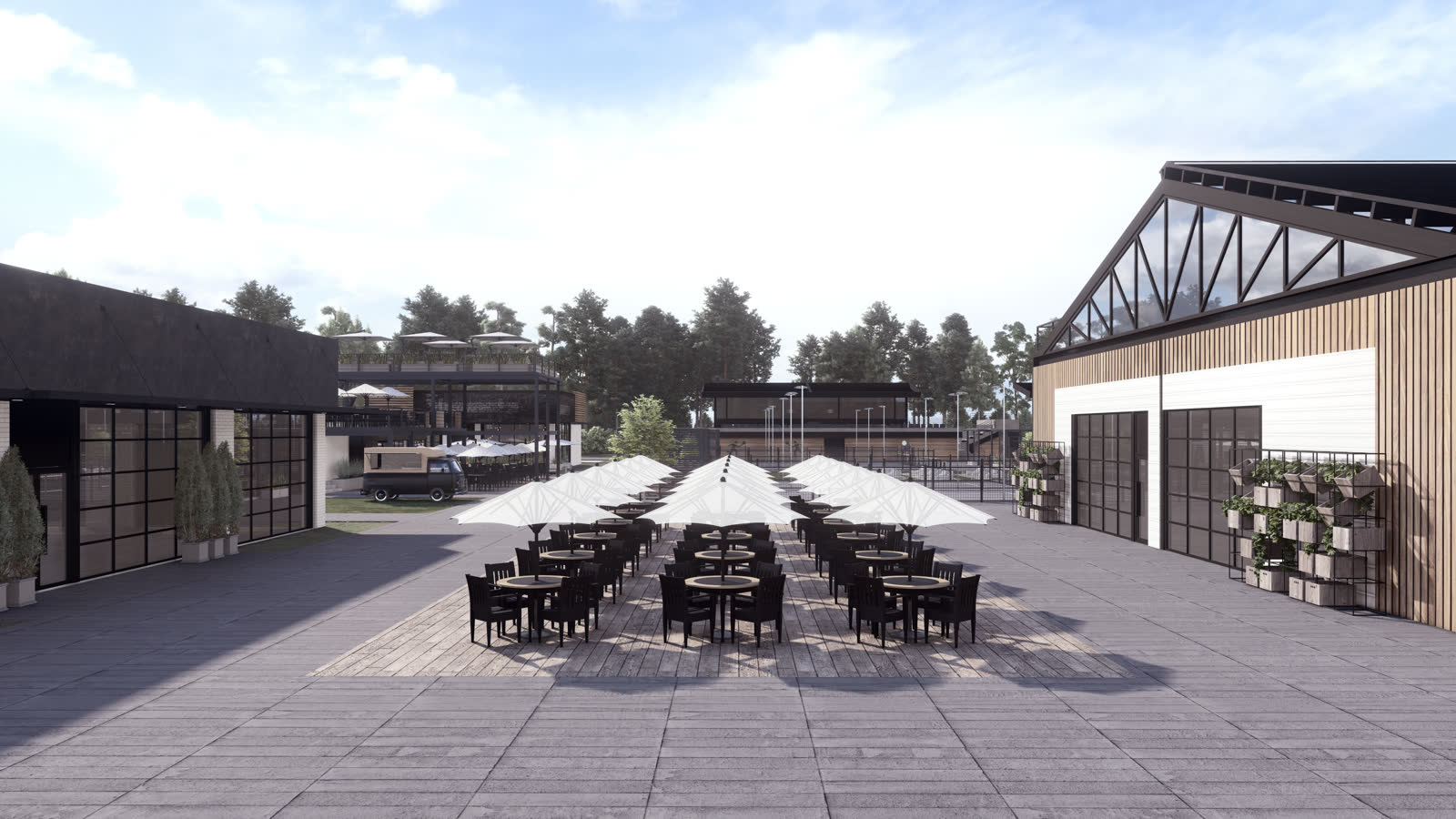 The deck: two long rows of black chairs at tables between the court hall and the outdoor lounge