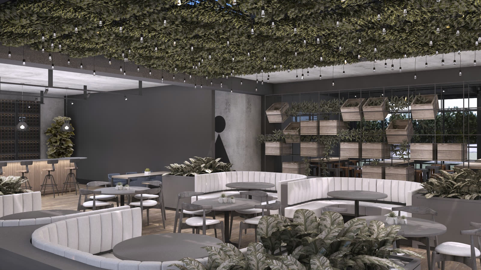 Curved white banquettes and planting under the concrete ceiling of the food hall