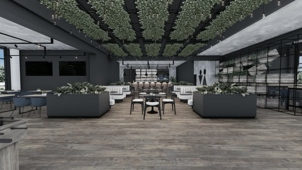 Pickleball Club, the food hall under its ceiling of hanging planting, glass onto the courts