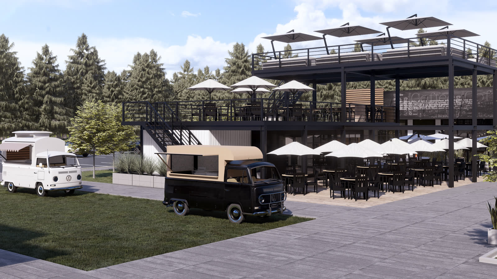 The food truck yard: a vintage truck and a van parked on the grass beside the rooftop bar, umbrellas behind