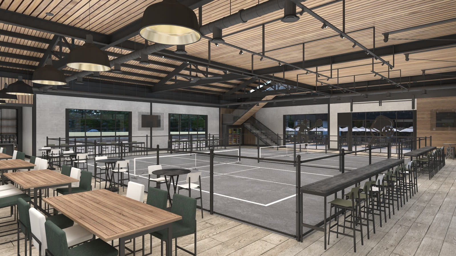The indoor court hall: courts under a timber-slat ceiling and black trusses, a bar rail with stools along the side, timber tables in the foreground