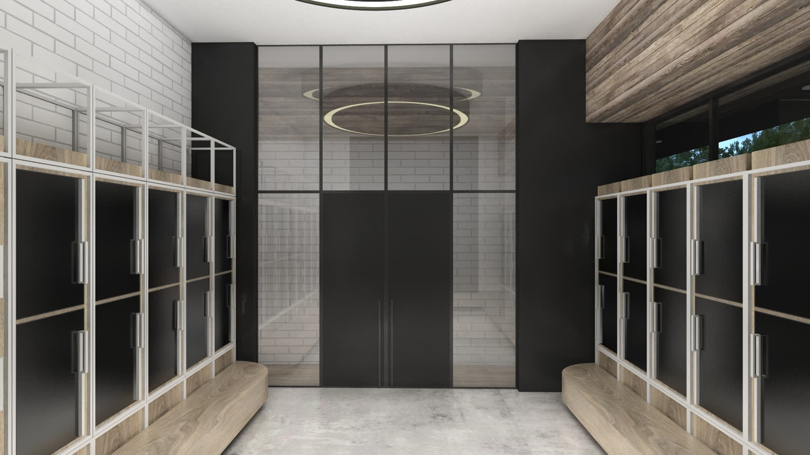 The locker room: timber-framed glass lockers along white brick walls, a bench down the middle