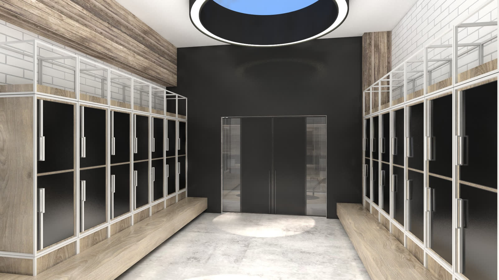 The locker room from the door, glass lockers and a ring light