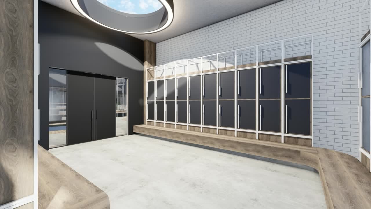 The locker room bench and a wall of glass-fronted lockers