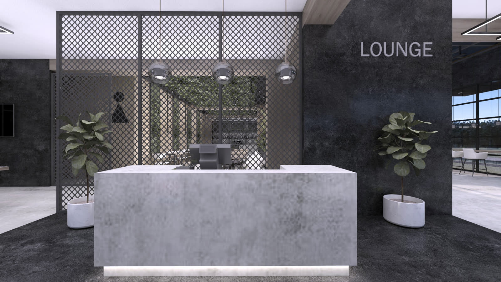 The member lobby: a concrete reception block under LOUNGE lettering, mesh screens, planting