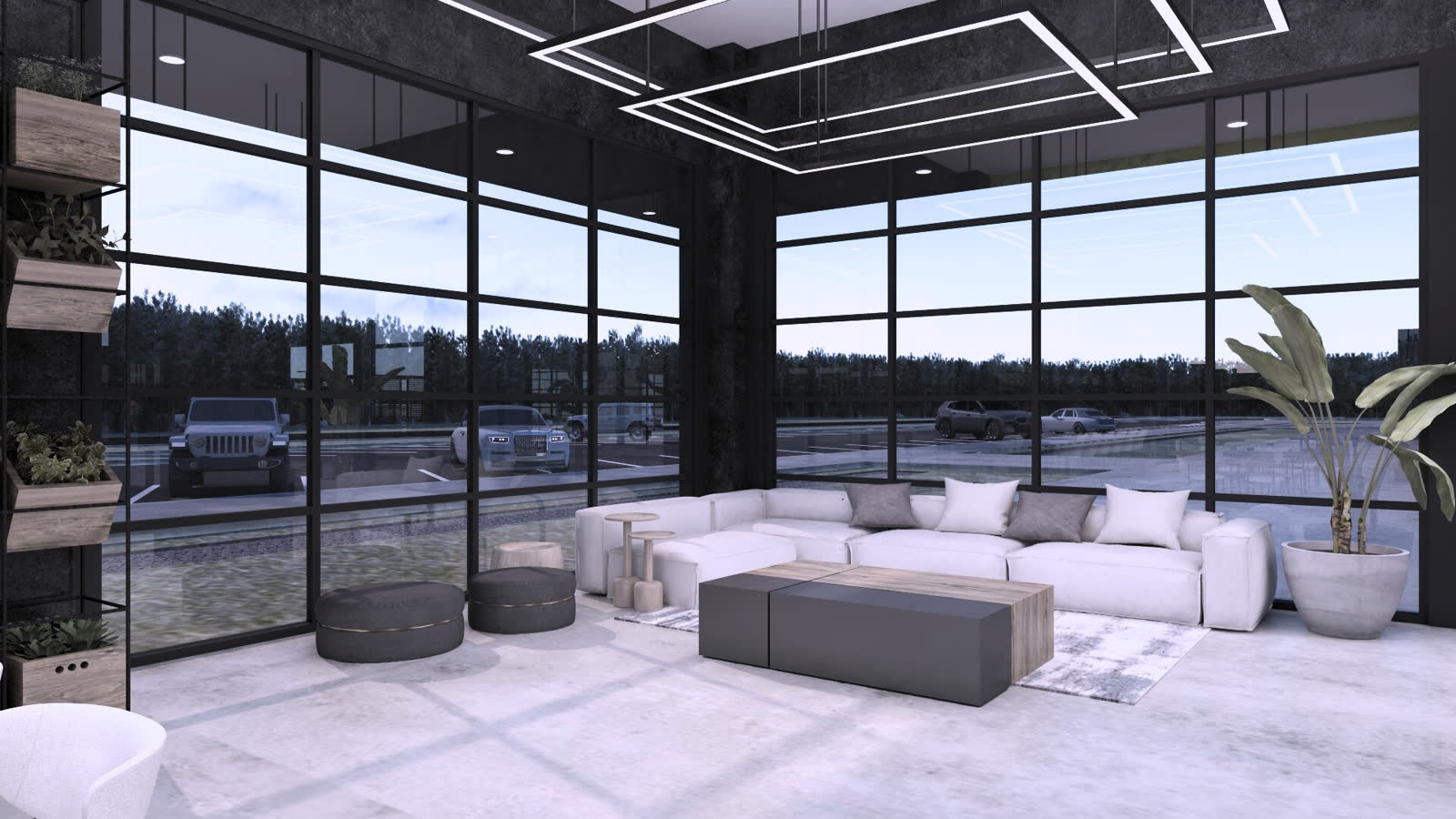 The lounge: white sofas on a grey floor in front of a glass wall onto the courts