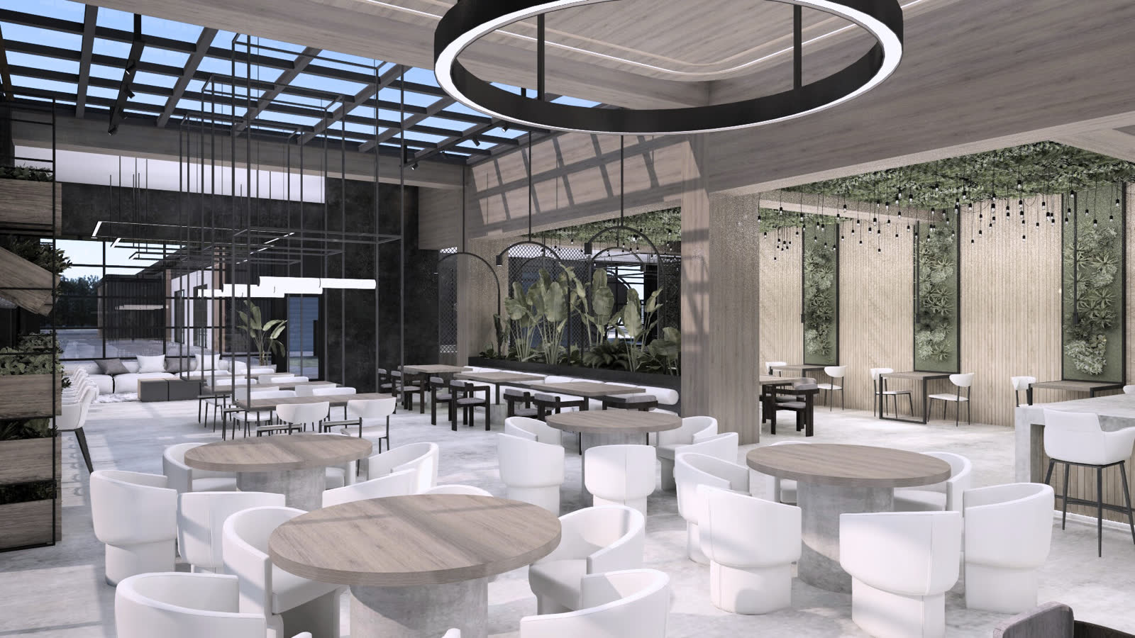 The members' lounge dining: white chairs and round tables under hanging planting, the crate wall behind