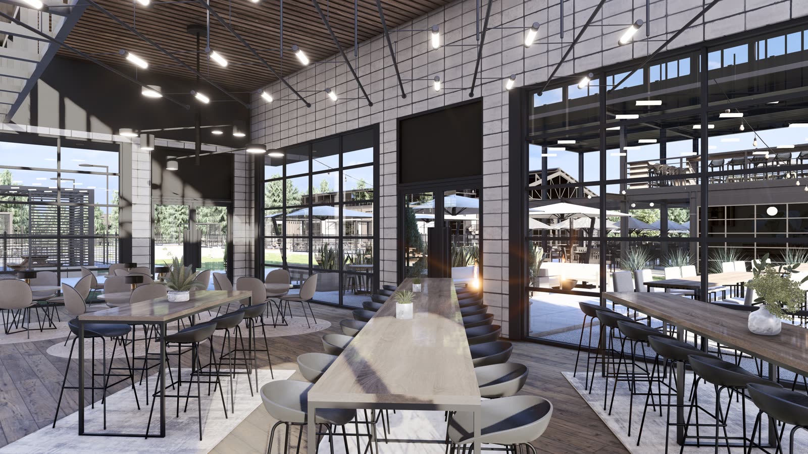 The outdoor lounge and bar: white chairs and stools under black steel trusses, a bar with a wall of timber crate shelving, banquettes and planting