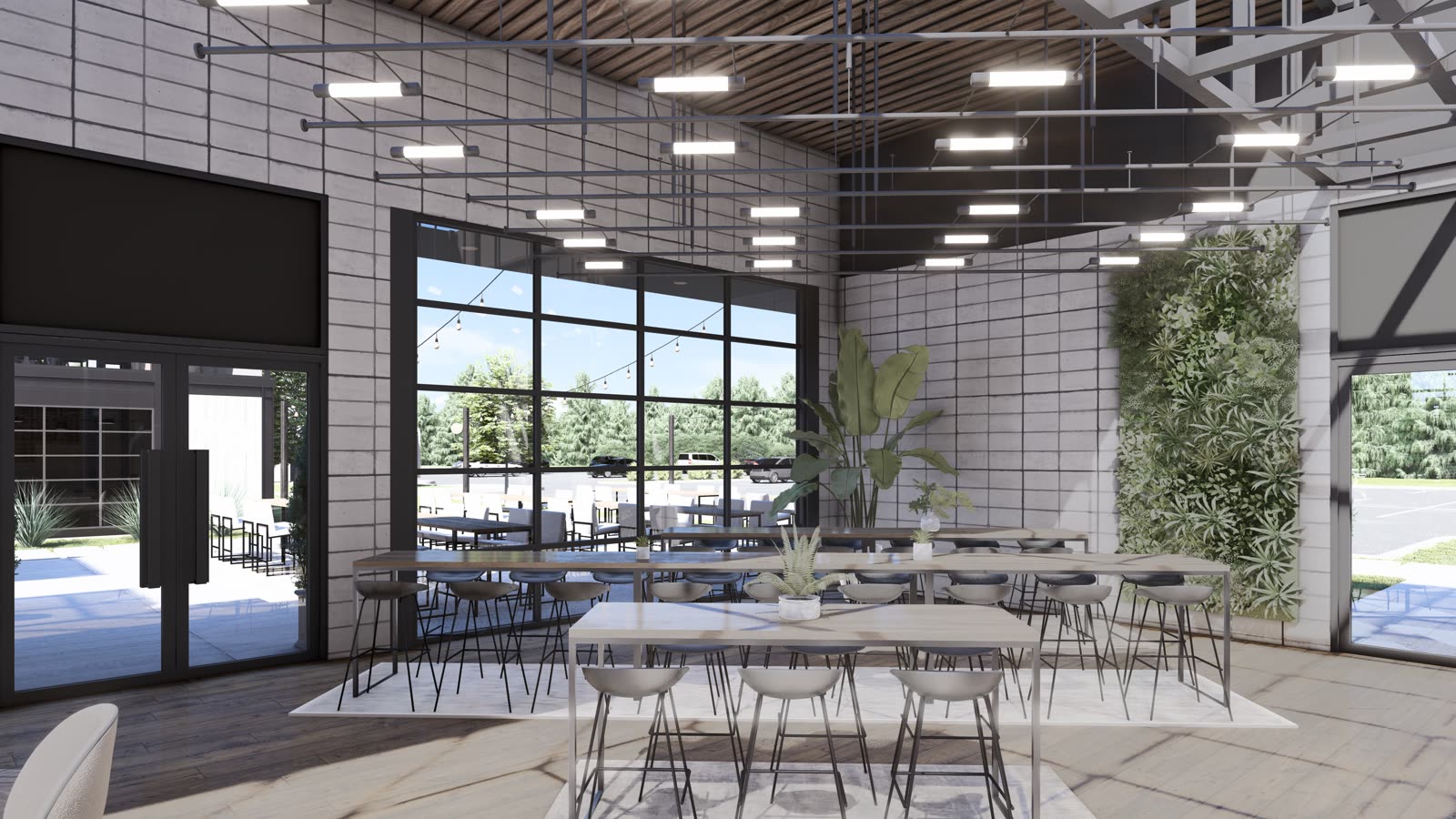 The outdoor lounge and bar: white chairs and stools under black steel trusses, a bar with a wall of timber crate shelving, banquettes and planting
