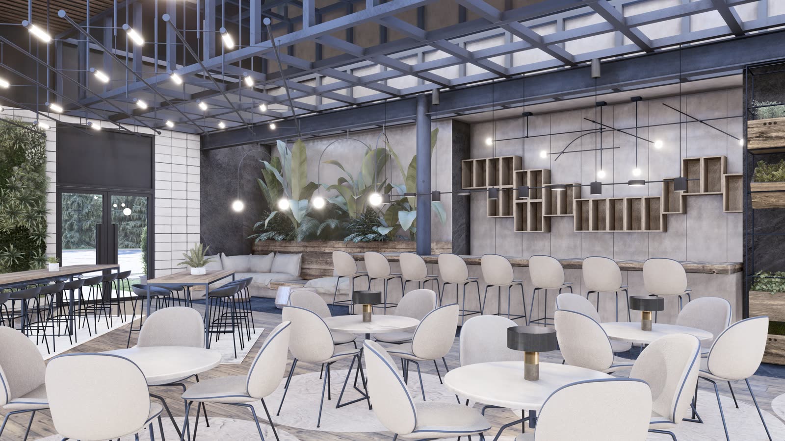 The outdoor lounge and bar: white chairs and stools under black steel trusses, a bar with a wall of timber crate shelving, banquettes and planting