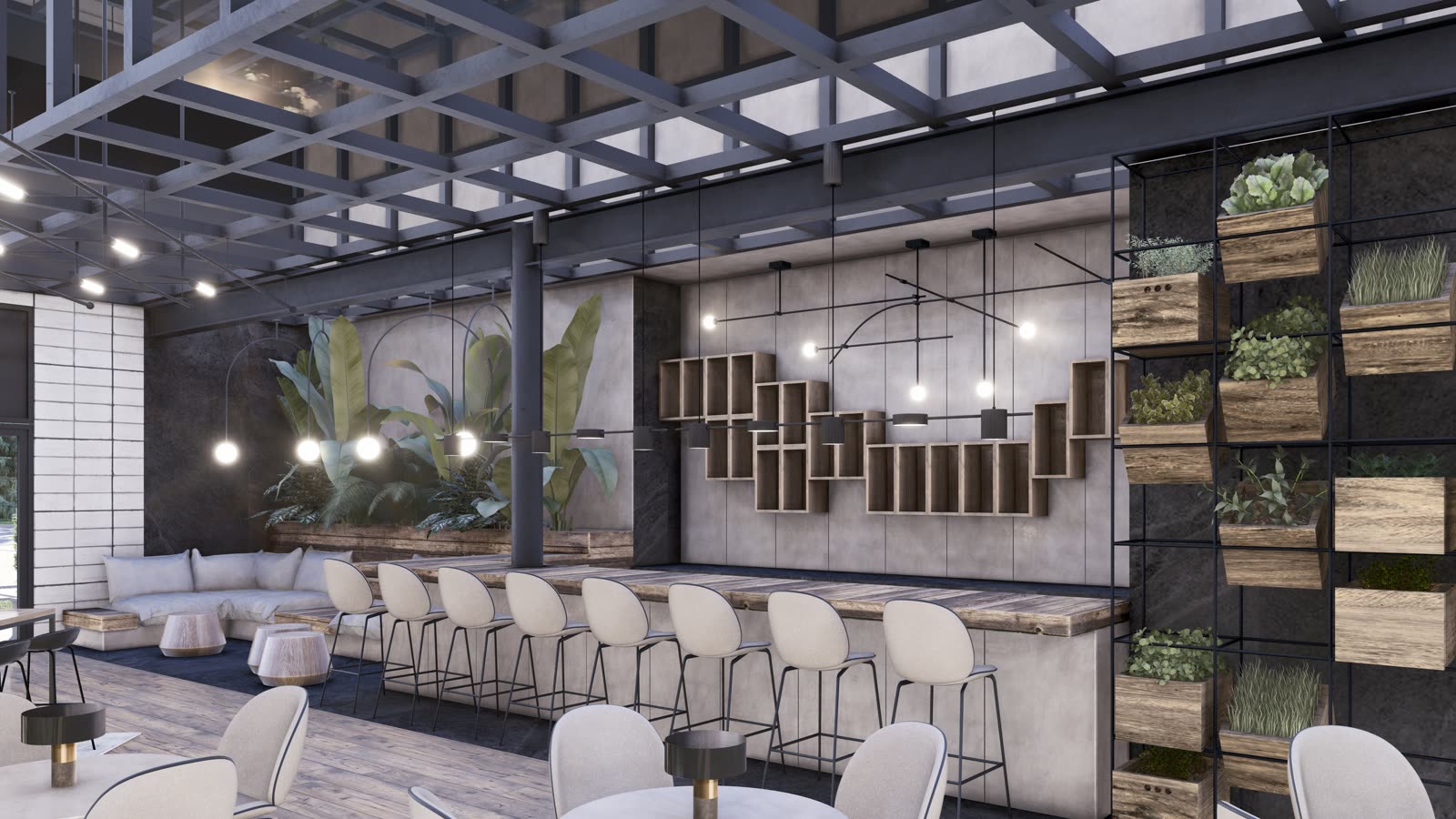 The outdoor lounge and bar: white chairs and stools under black steel trusses, a bar with a wall of timber crate shelving, banquettes and planting