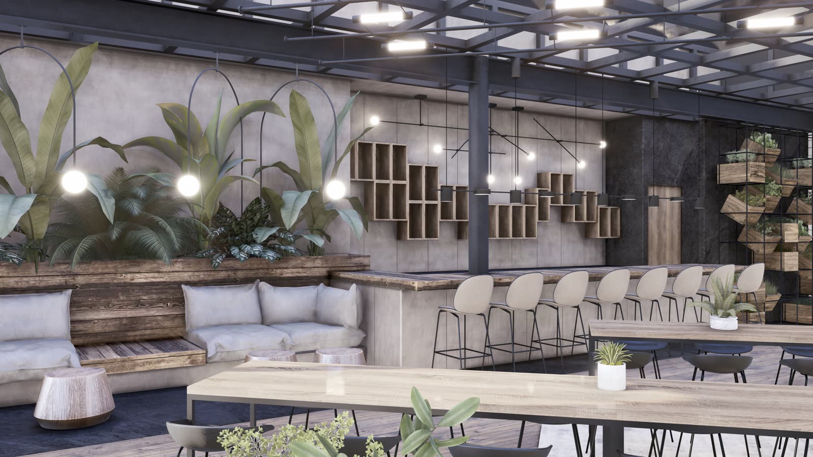 The outdoor lounge and bar: white chairs and stools under black steel trusses, a bar with a wall of timber crate shelving, banquettes and planting