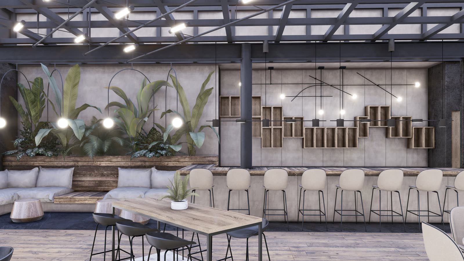The outdoor lounge and bar: white chairs and stools under black steel trusses, a bar with a wall of timber crate shelving, banquettes and planting