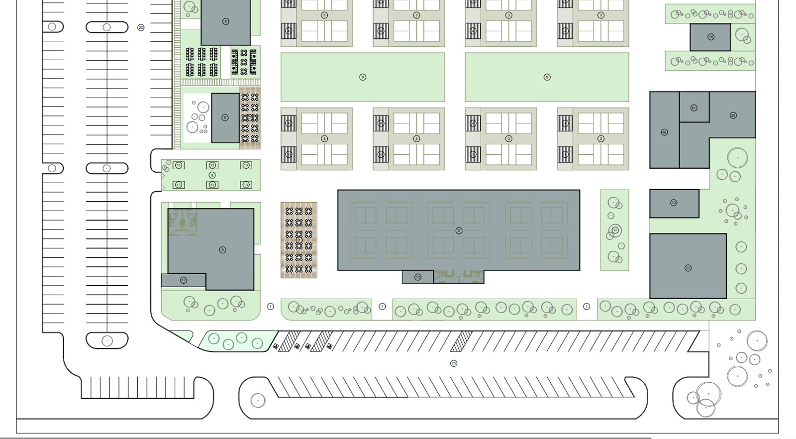 The entry side of the site plan: the car park along the road, the entry building and the food hall behind it