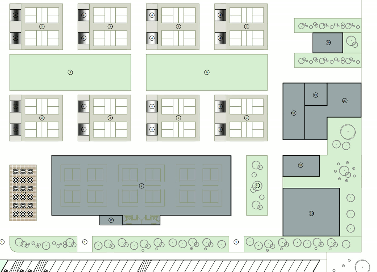 The site plan of the whole club: the court grid at the centre, the food hall and its terrace along one edge, the stadium court, the lawn and the members' buildings, each area numbered as in the list above