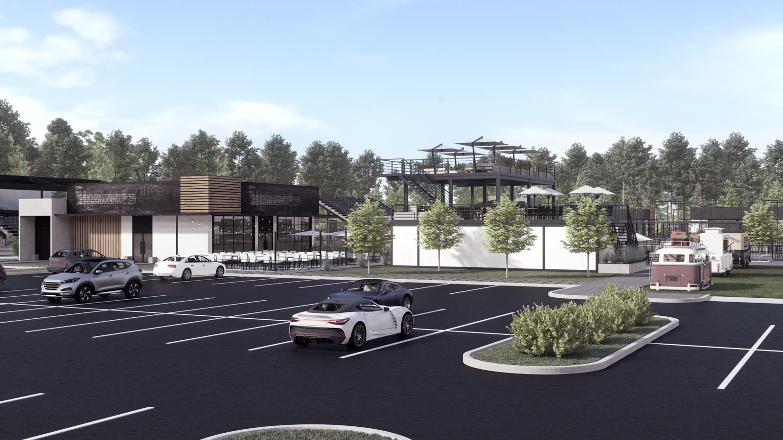The car park in front of the club, with the entry building and the rooftop bar behind it
