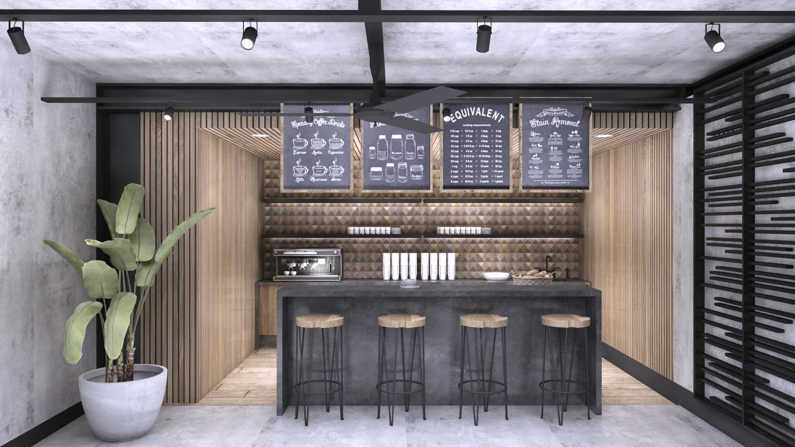 The rooftop bar and cabana: white umbrellas over tables on a steel-framed terrace above the food hall, a stair up the side, food trucks below
