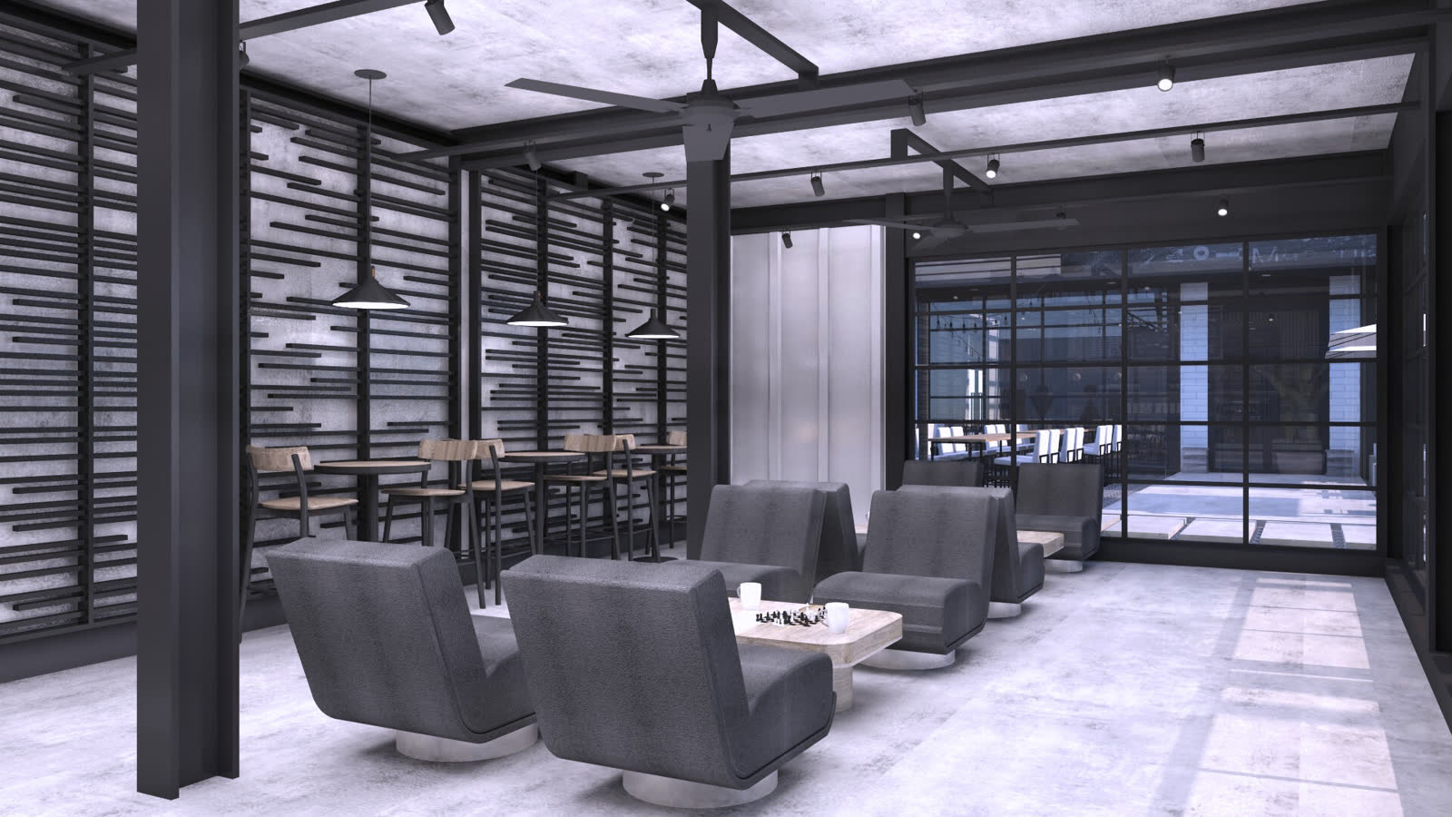 The rooftop bar: a timber-slat bar with a chalkboard menu, stools and a palm