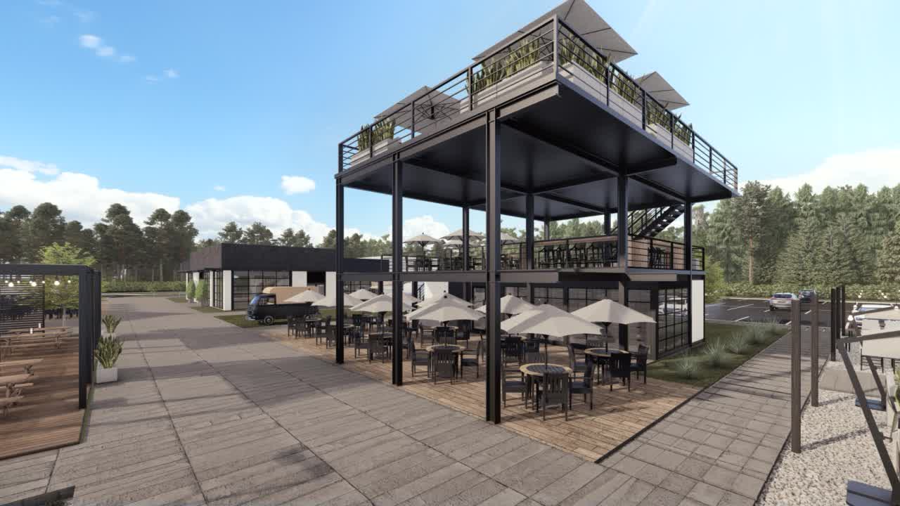 The cabana lounge on the roof: dark sofas behind slatted screens, glass to the courts