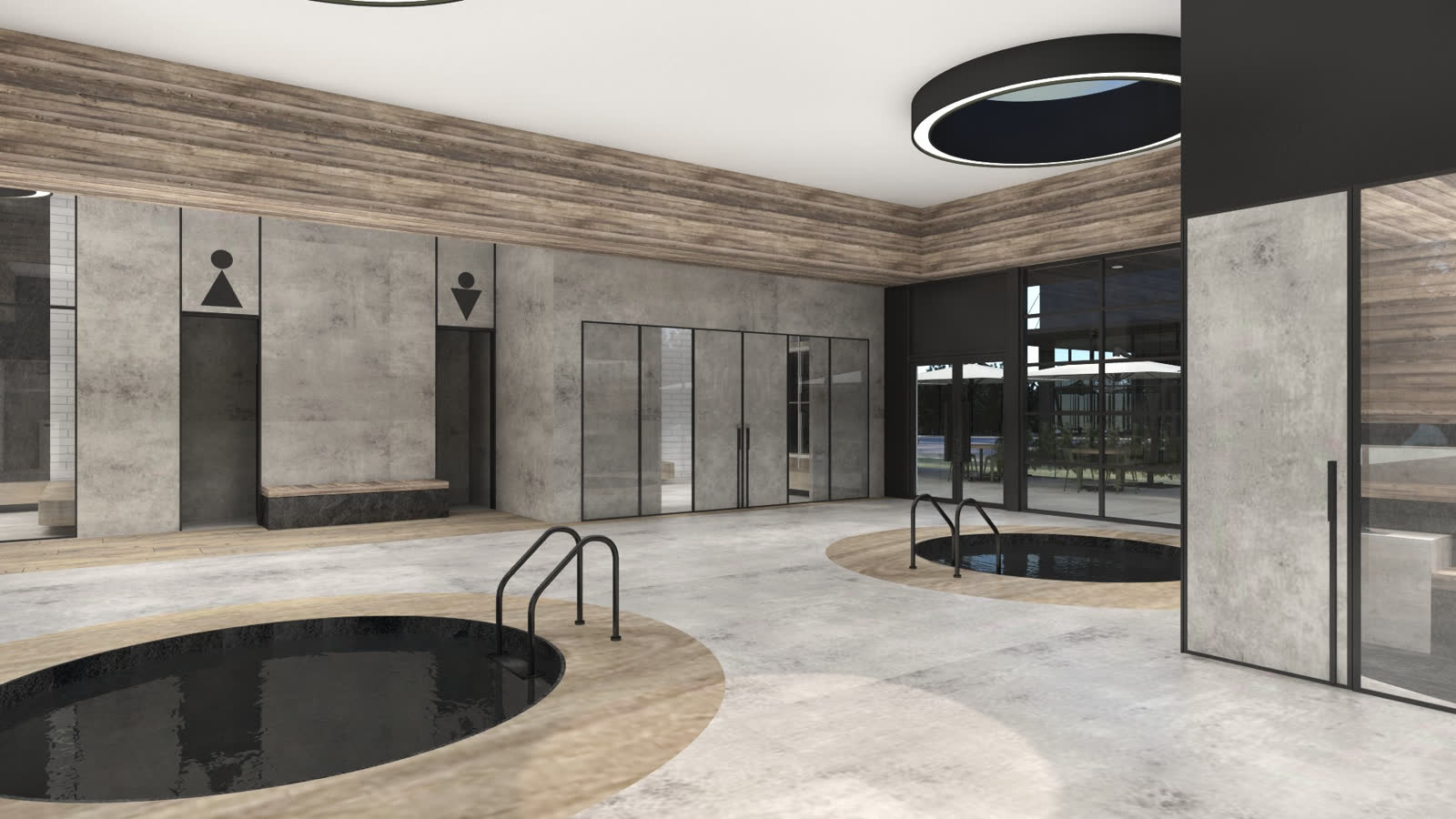 A plunge pool with its steel ladder, the sauna doors and timber ceiling behind