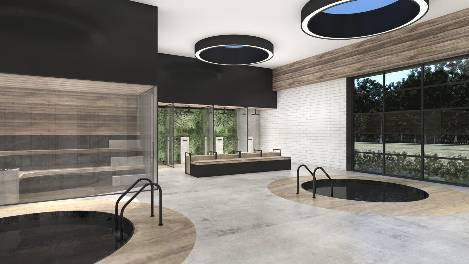 The spa: two round cold plunge pools set into a timber-edged floor under round skylights, a living wall and sauna doors beyond
