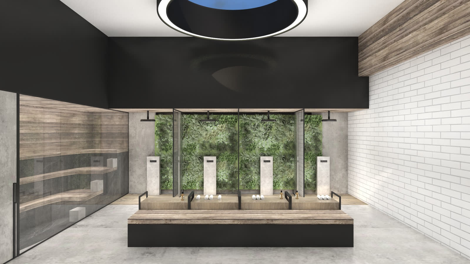 The sauna interior, timber benches and a lit stone