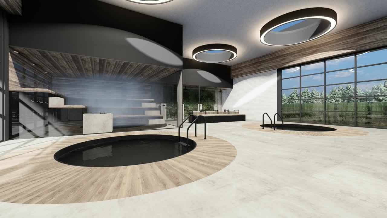 The spa looking toward the glass wall and the courts, a plunge pool in the foreground