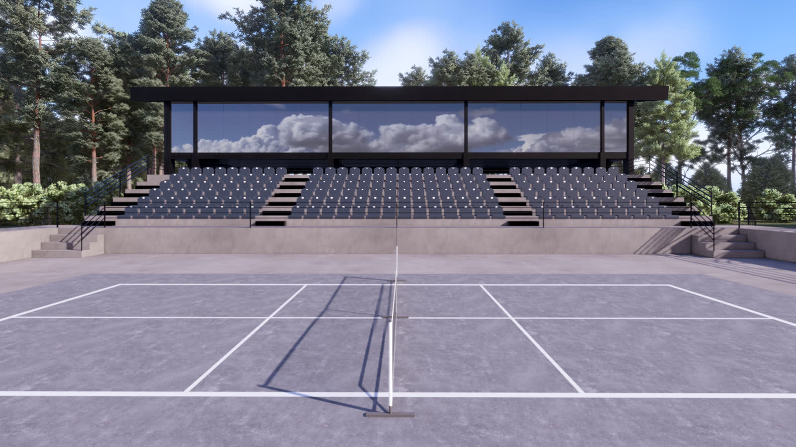 The stadium court from the baseline: the court, the raked seating behind it and the glazed VIP box across the top