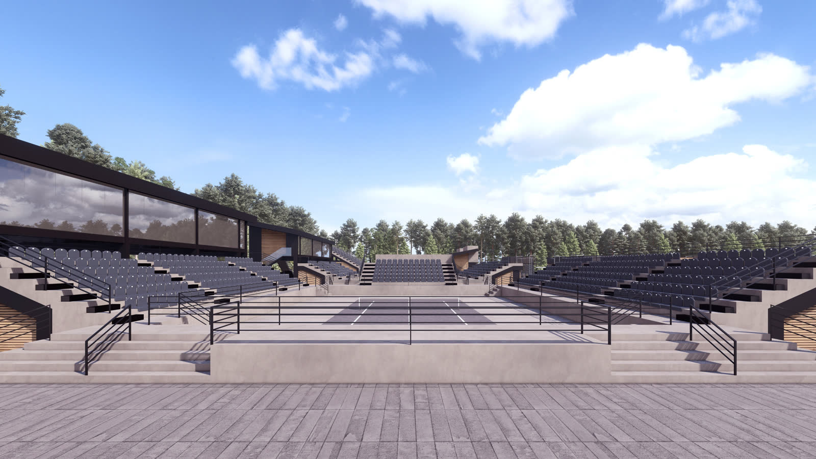 The stadium seating from the side, the stair through the middle of the tiers
