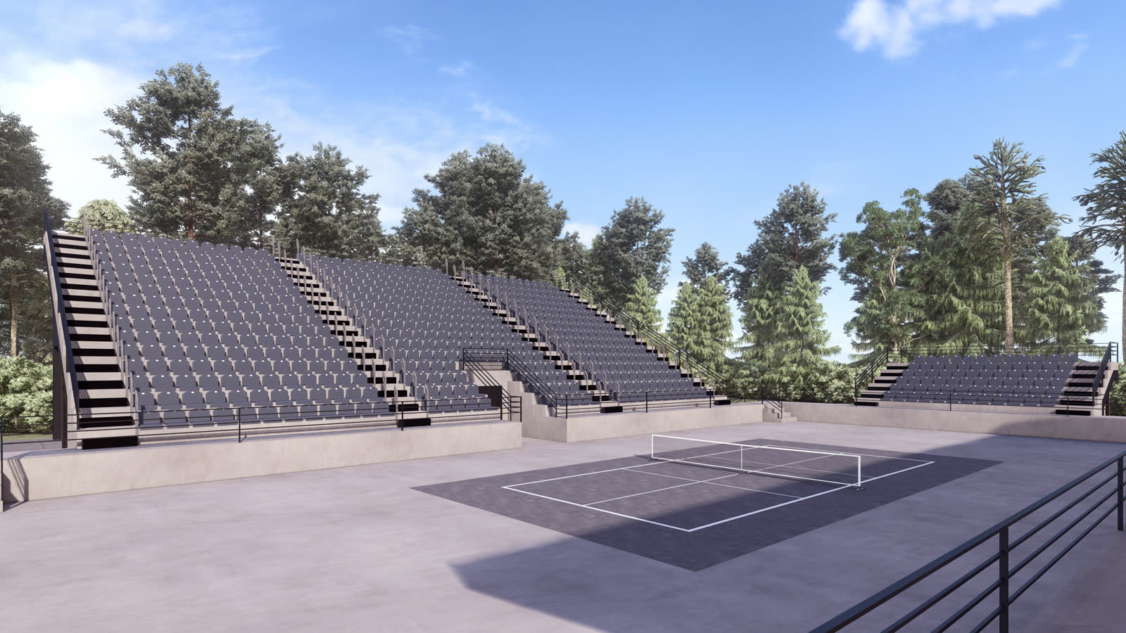 The stadium court under its roof, the seating filling on both sides