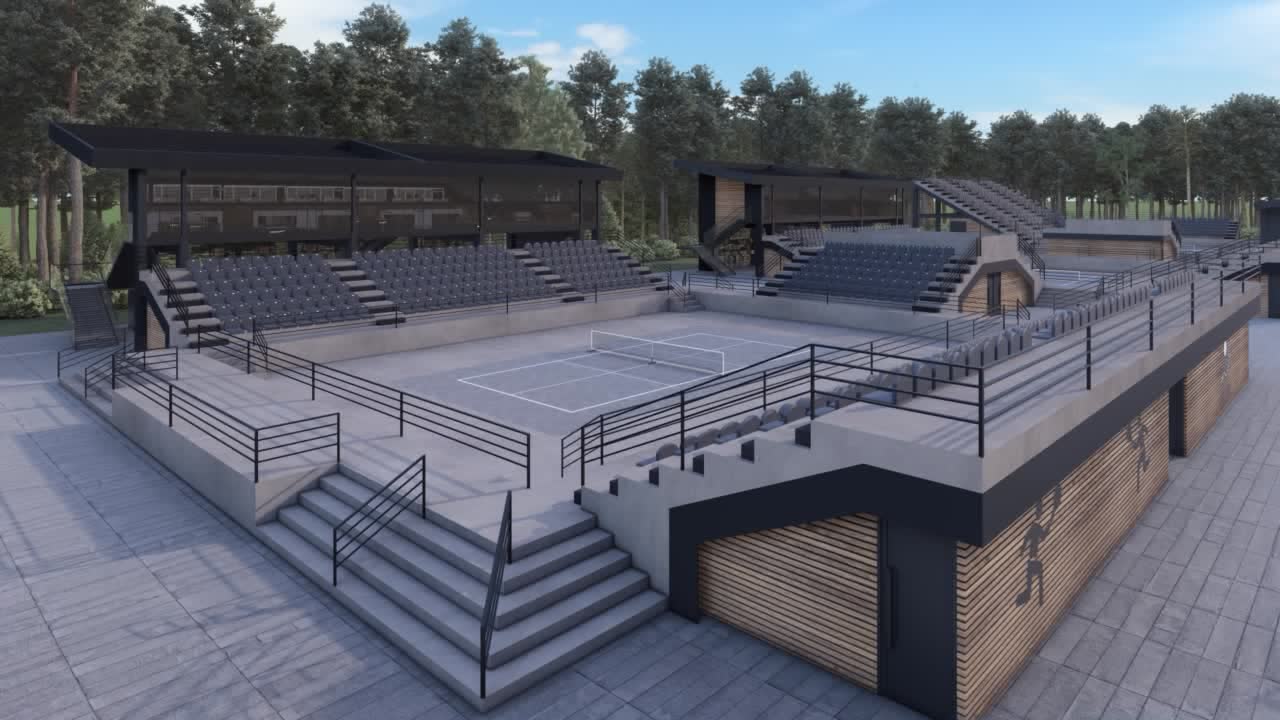 The stadium from the top tier, the court below and the glazed box opposite