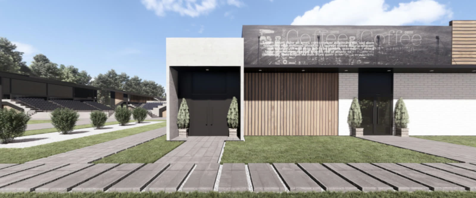 The storage building: a low dark block with vertical timber and a roller door