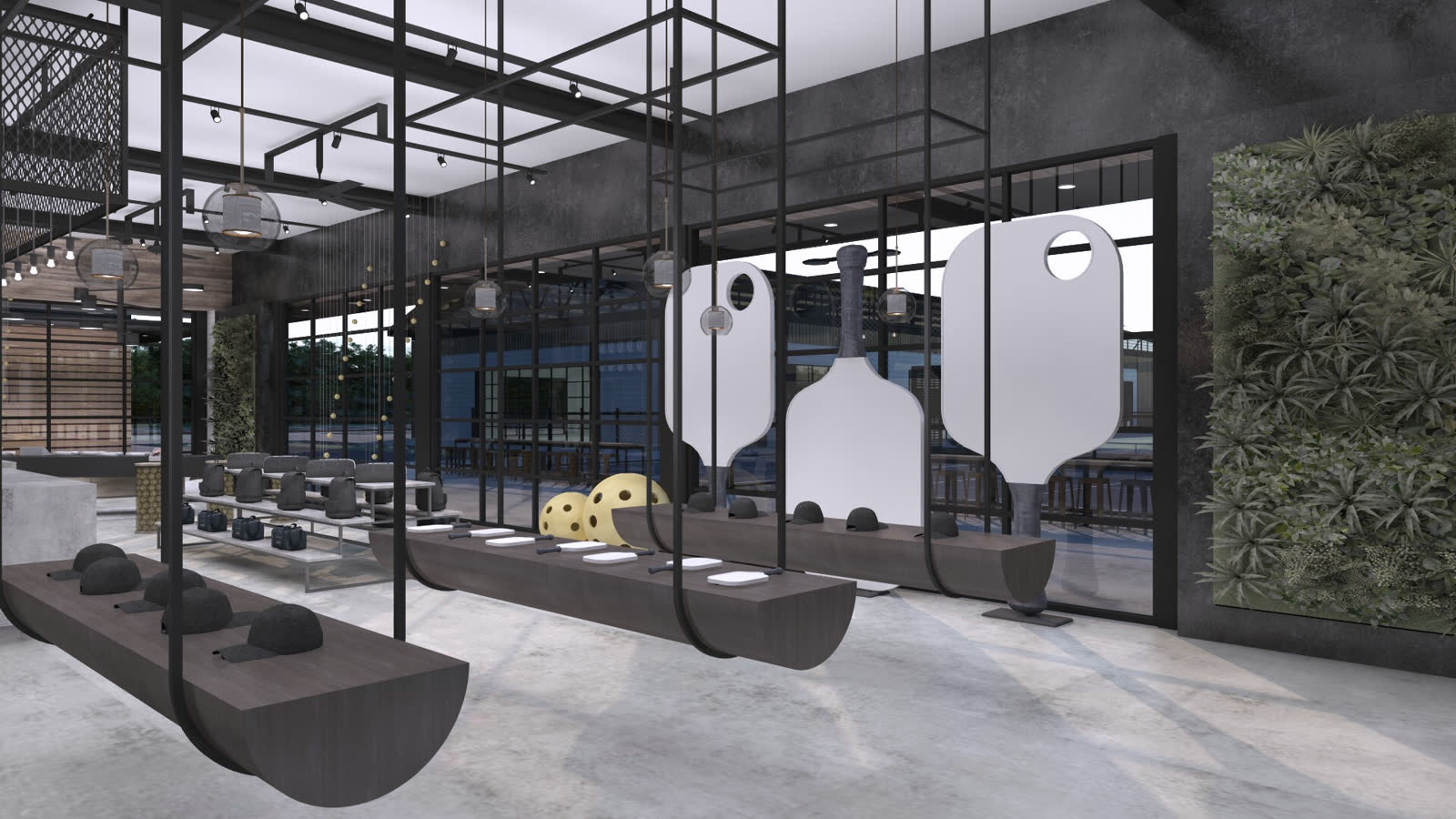 Shoes on concrete plinths and balls on the shelves of the store