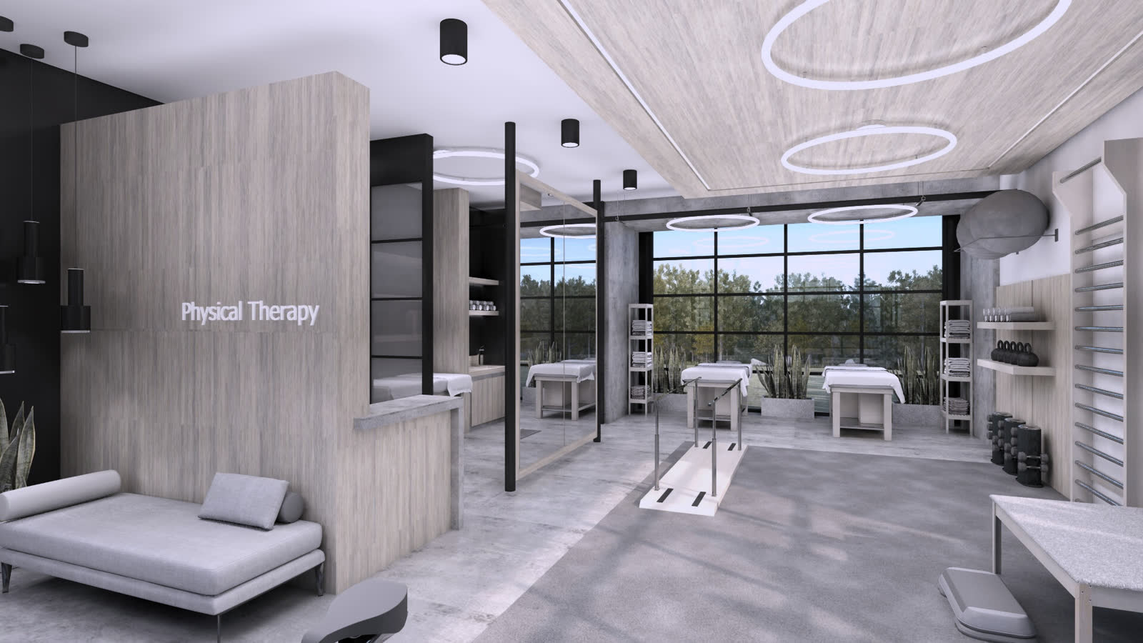 The physical therapy room: treatment beds under ring lights, timber cabinets, glass to the courts