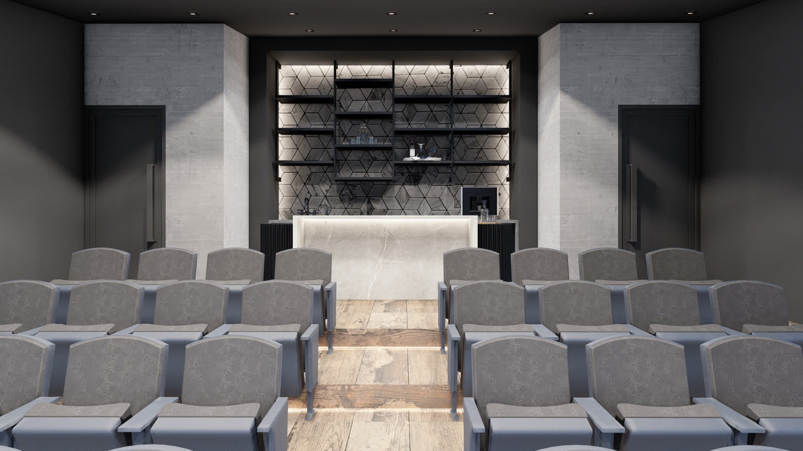 The VIP room: tiered grey seats facing a lit bar and shelves under a dark ceiling
