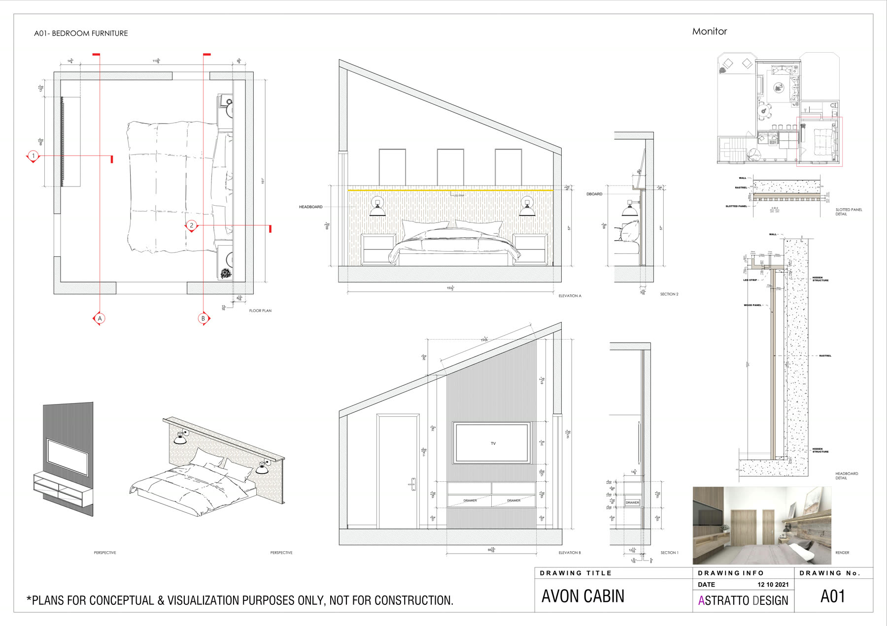 Bedroom millwork sheet: furniture plan, two elevations, two sections, a headboard detail and a render