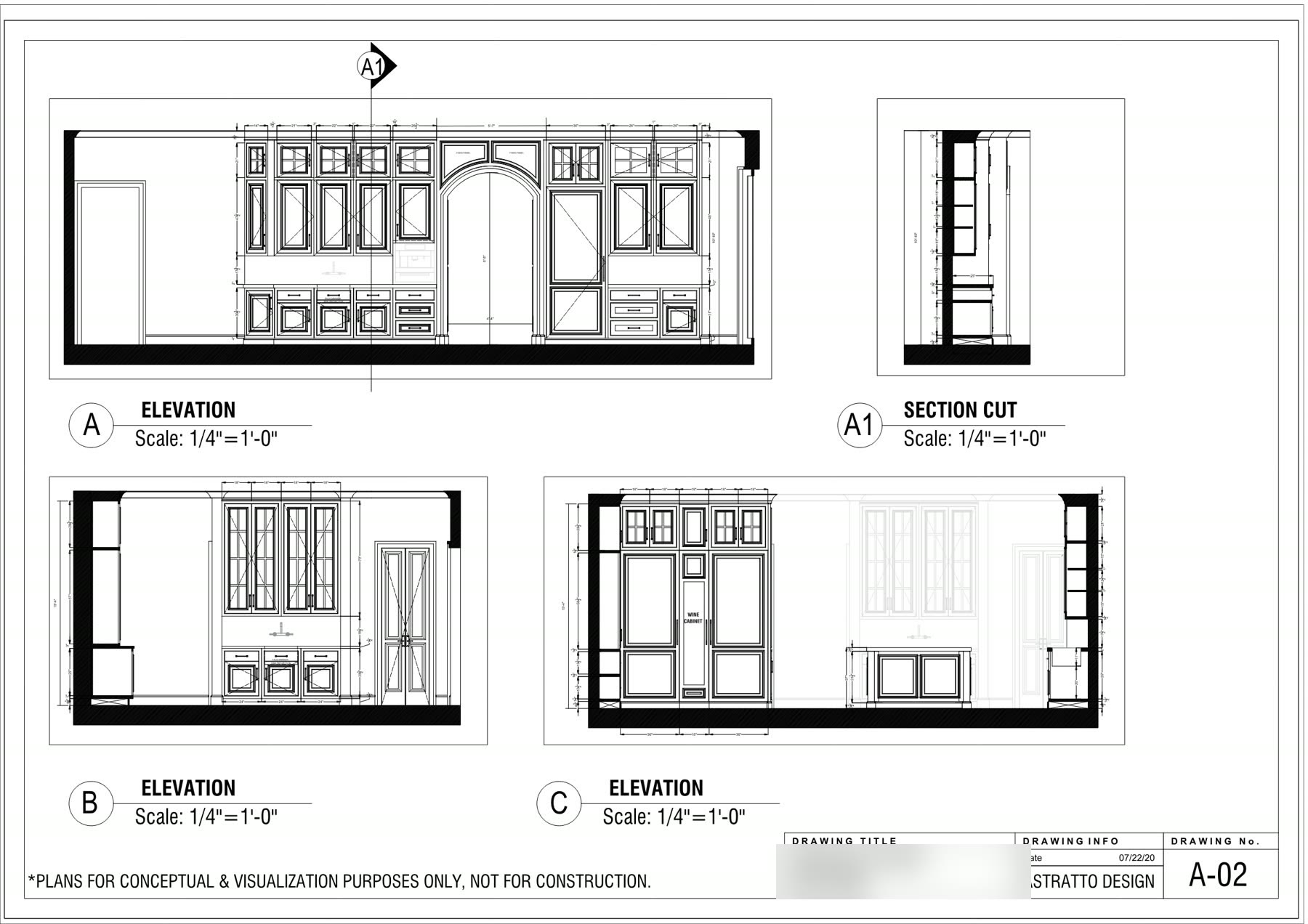 Three kitchen elevations and a section cut through classical panelled cabinetry, quarter inch scale