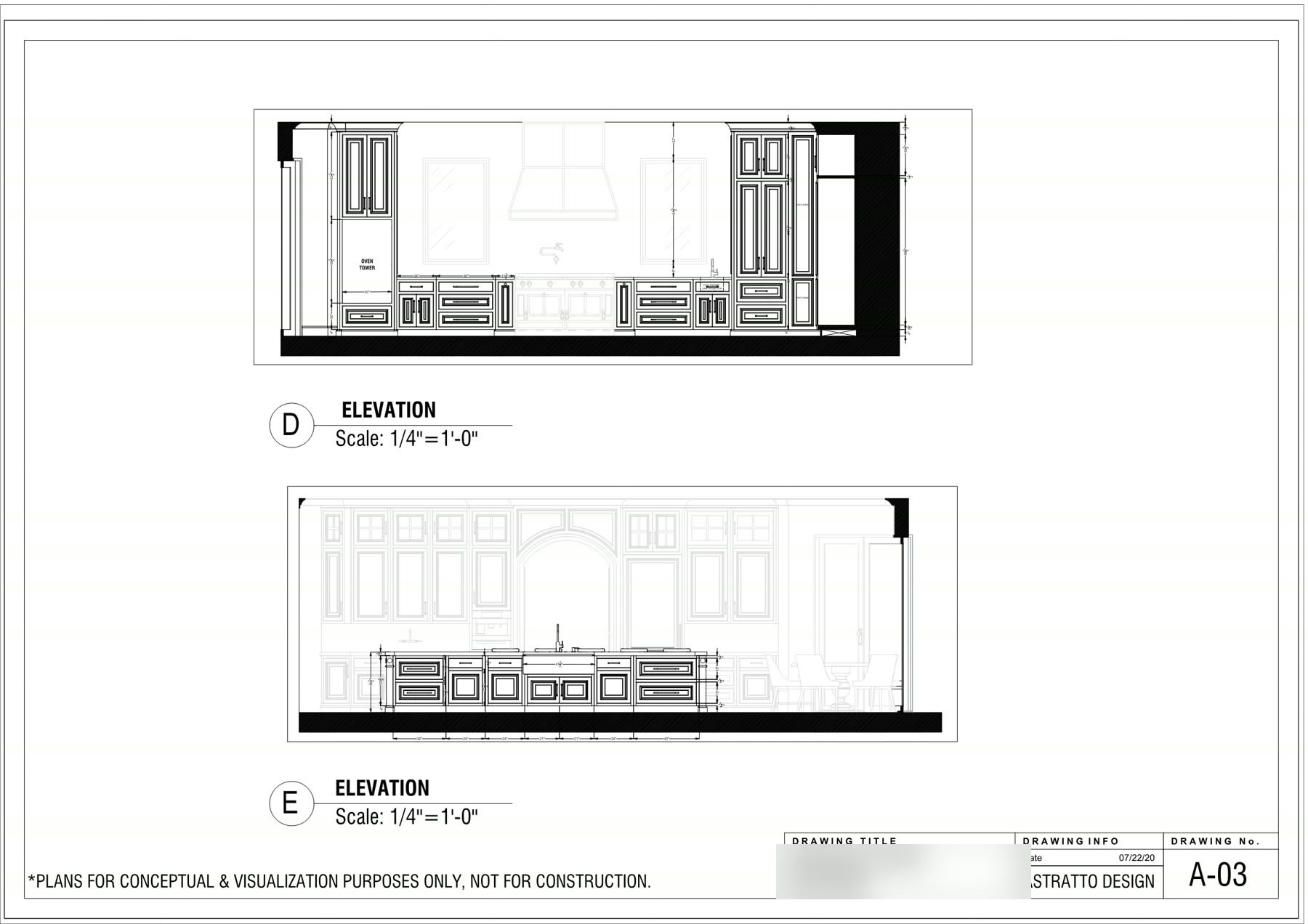 Two further kitchen elevations showing the range wall and the opposite run, quarter inch scale