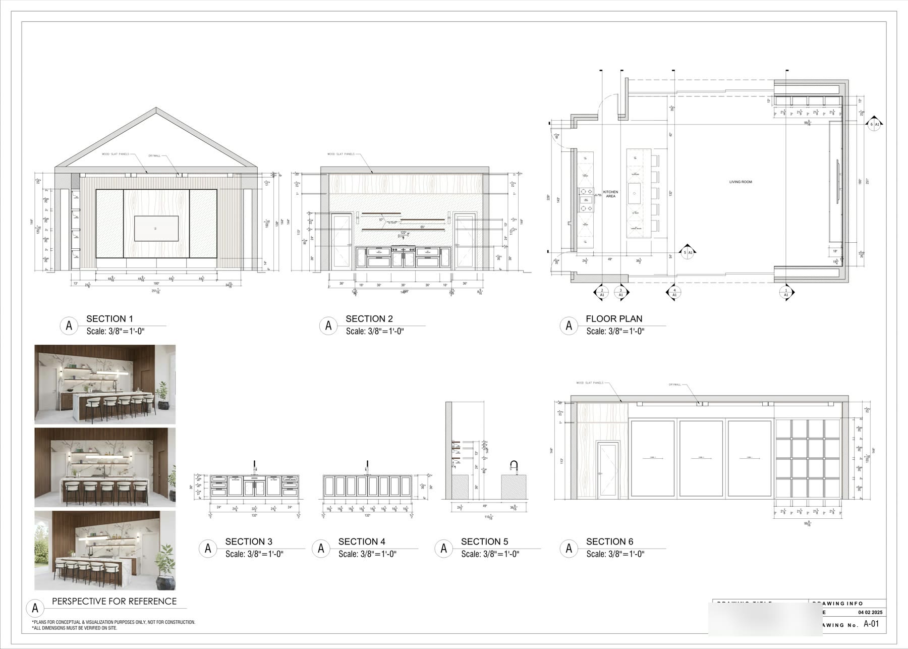 Kitchen and living millwork with six sections, elevations, a floor plan and reference renders