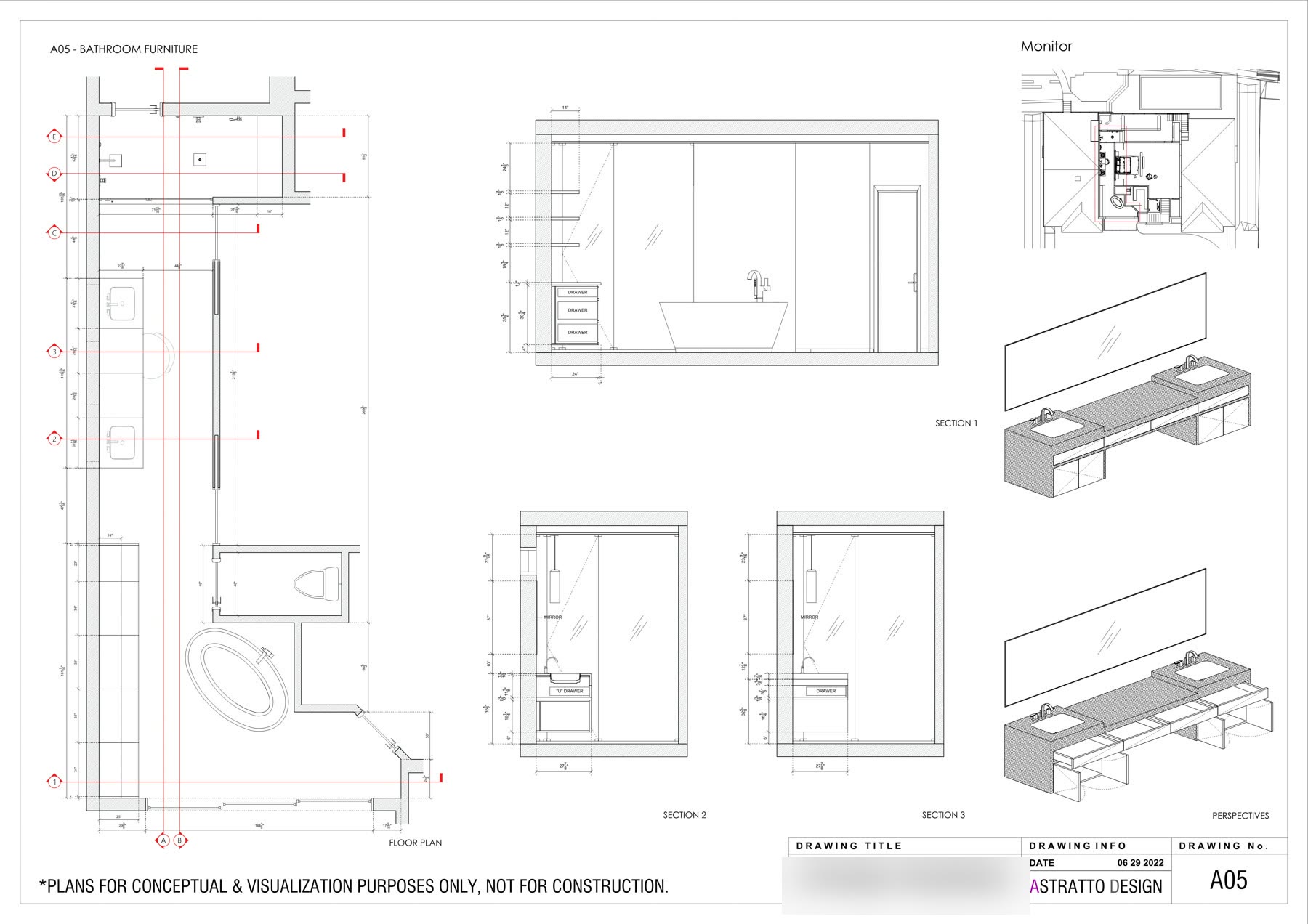 Bathroom furniture sheet with floor plan, three sections and a rendered vanity elevation