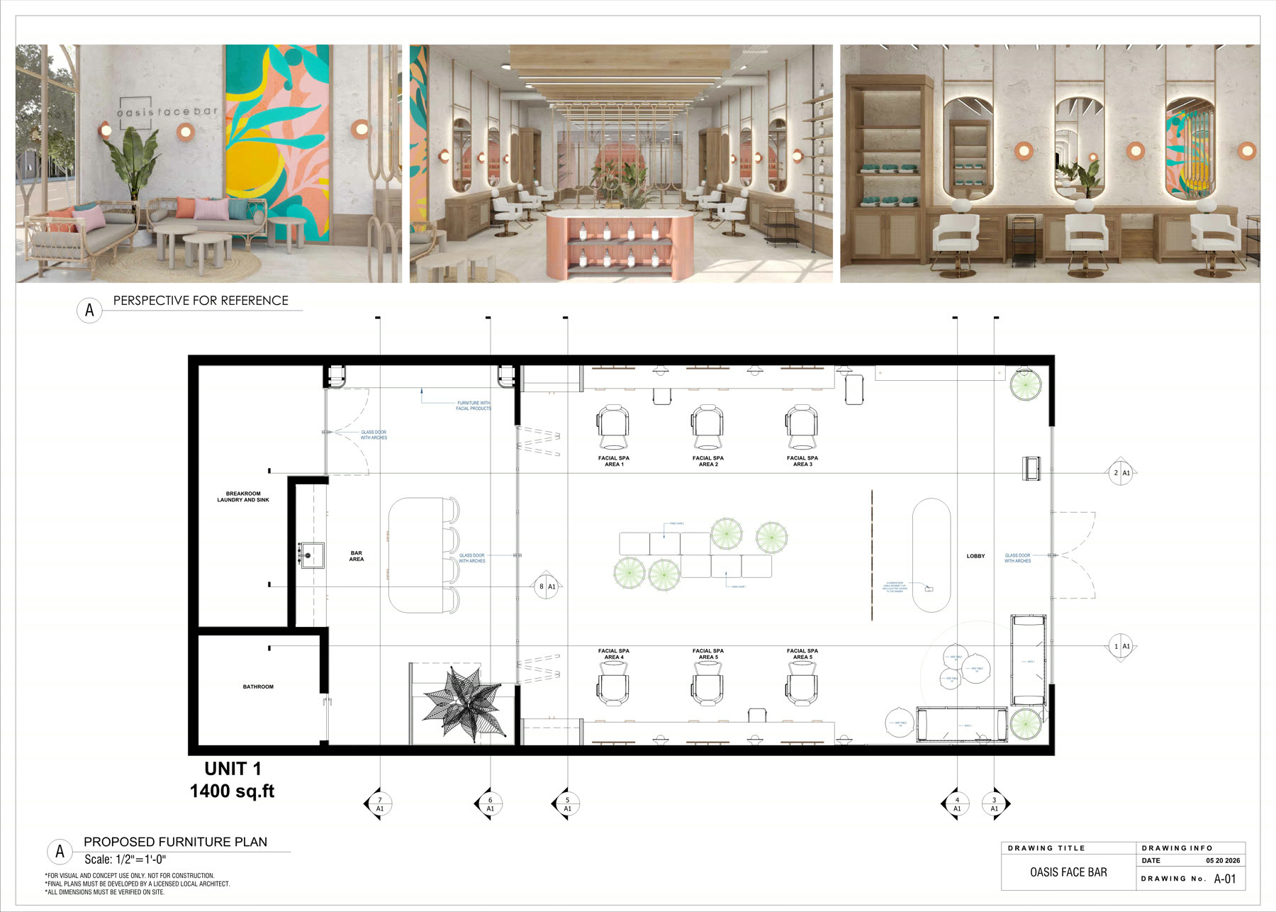 Drawing A-01 for the large store: proposed furniture plan at half inch scale with three reference perspectives across the top
