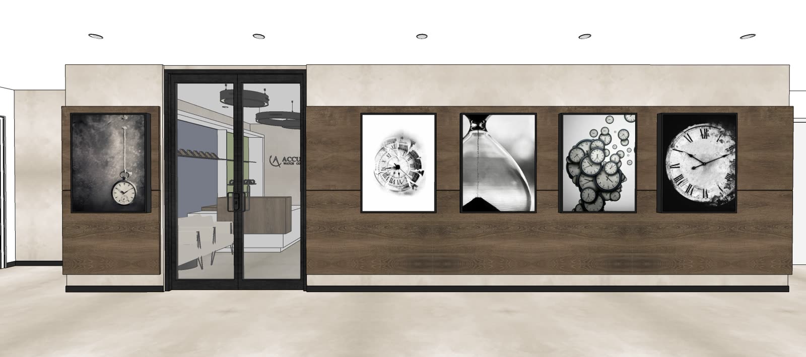 Accutime reception, timber feature wall with a glazed entry and framed display panels
