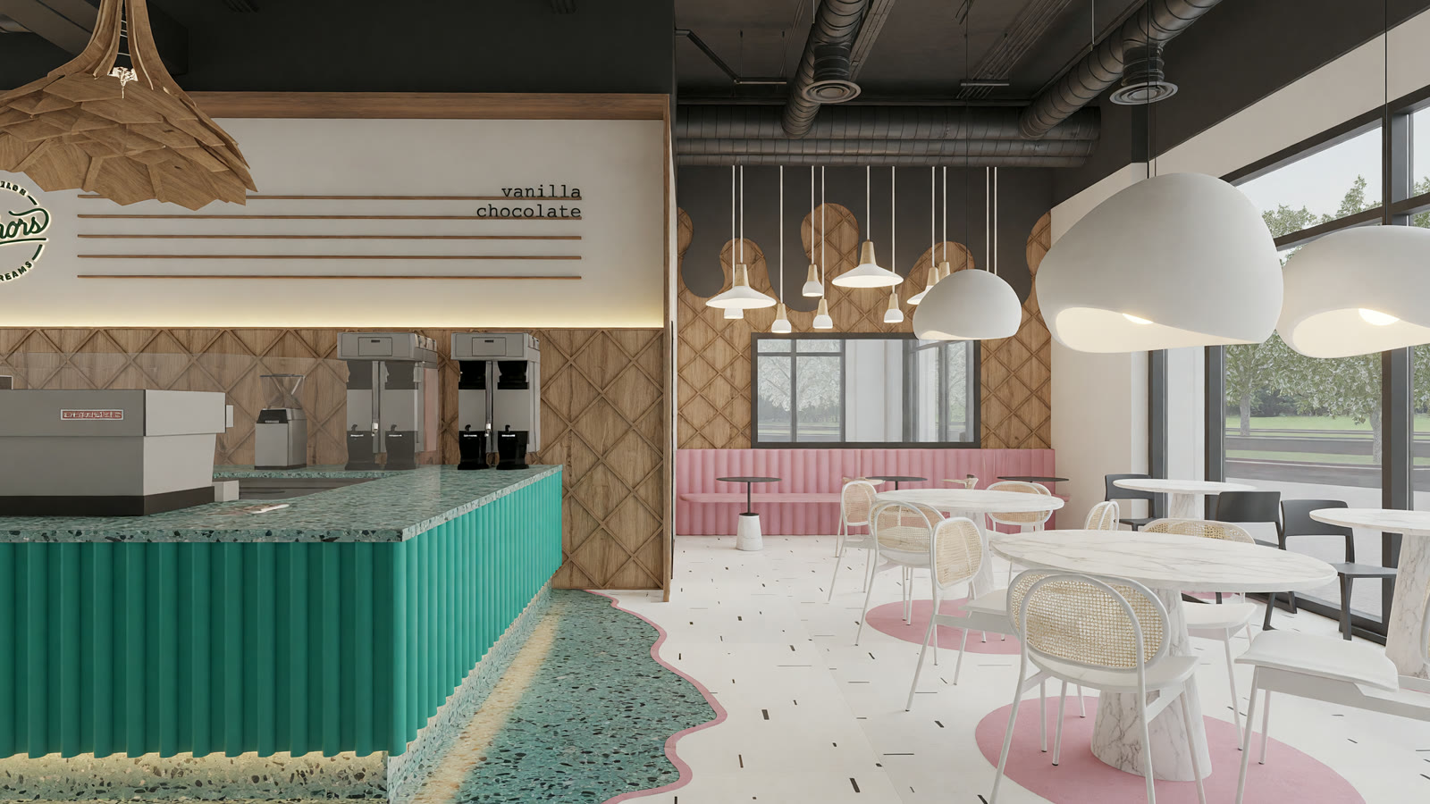 Author's Ice Cream, the green fluted counter under the pendants