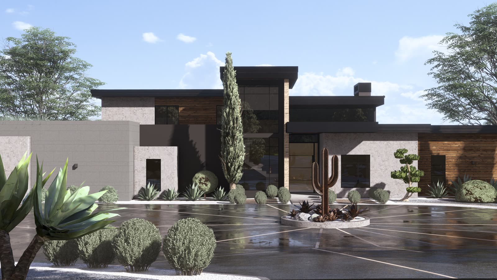 Casa Saguaro, a low desert modern house in dark stucco and timber behind a saguaro and agave motor court