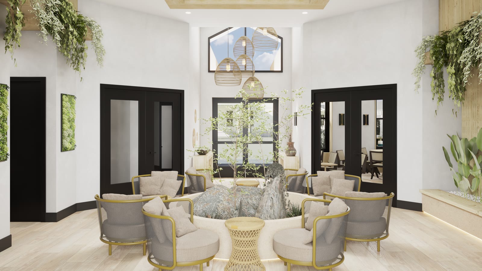 Eagle's Landing, apartment lobby with planted walls, arched mirrors and clustered seating
