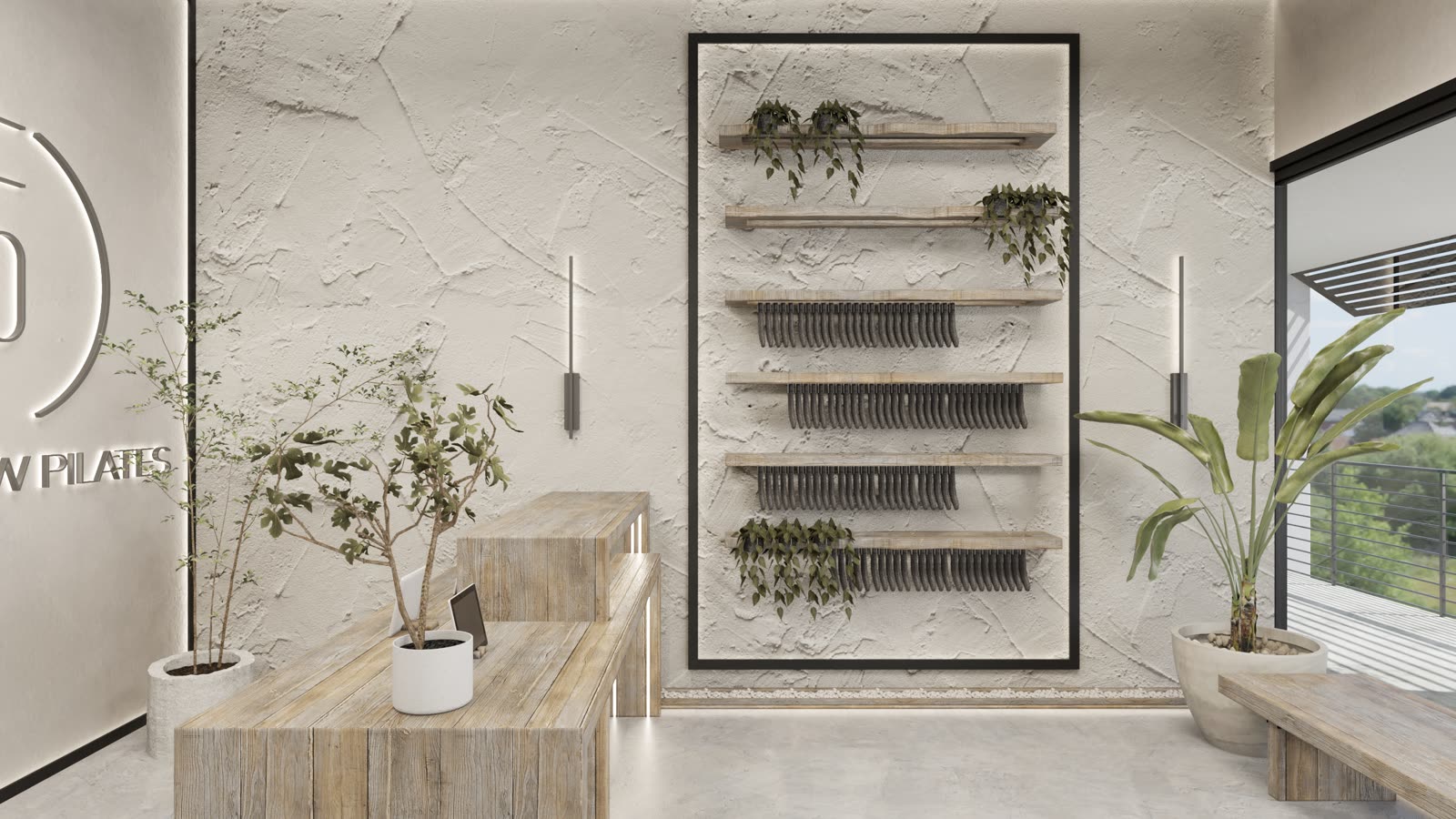 Form Flow Pilates: the lit plant shelves on a plaster wall beside the front desk, with a big window and greenery