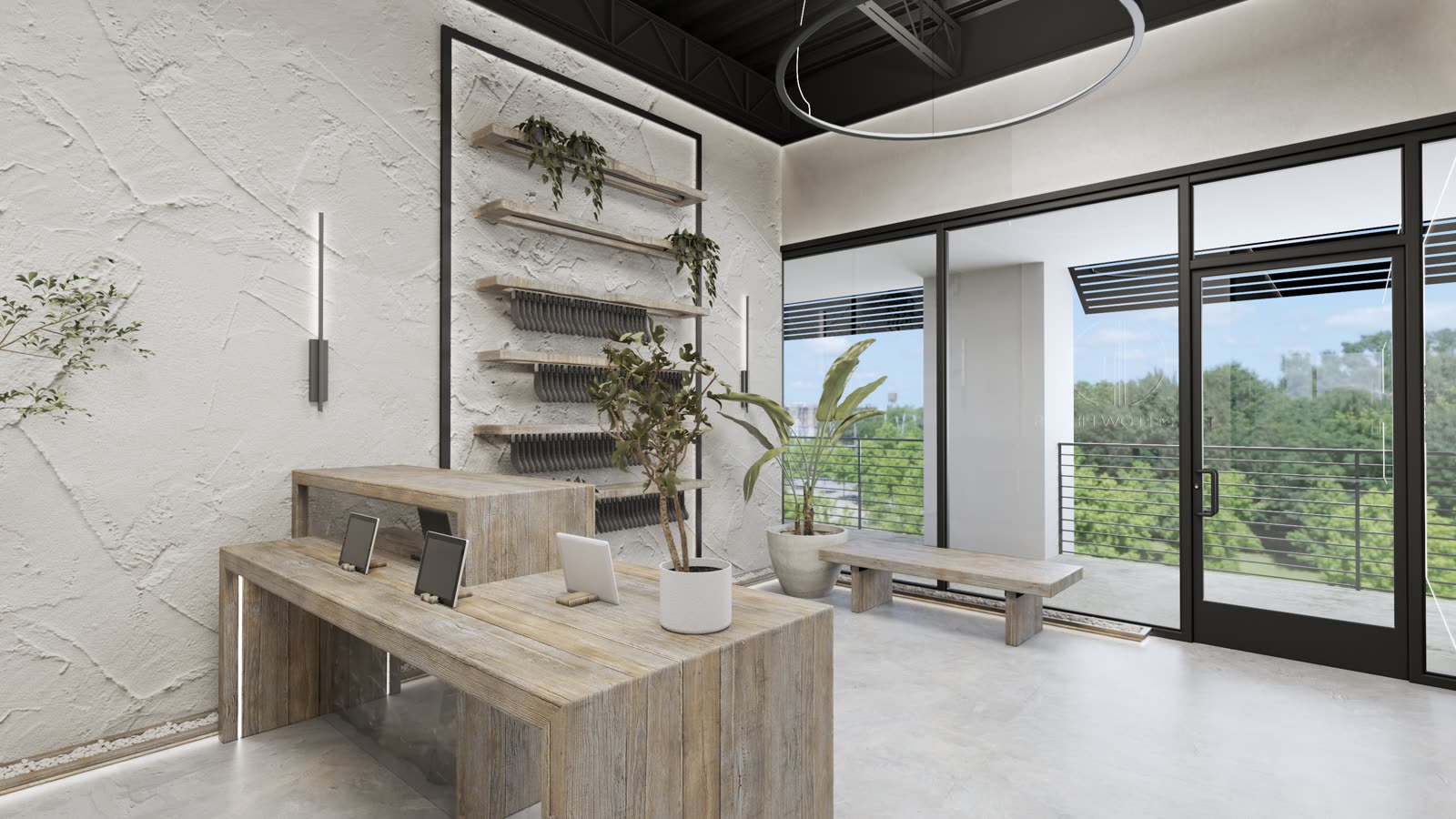 Form Flow Pilates: the front desk from the other side, a timber bench under the window and the glass doors to the terrace